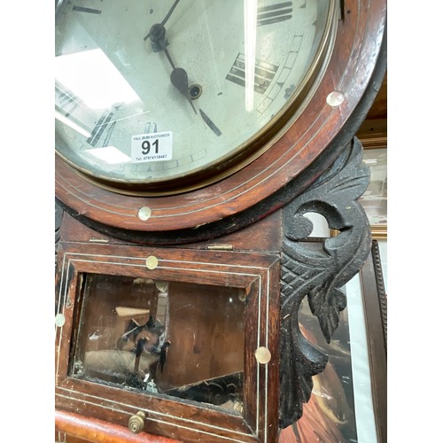 91 - VICTORIAN MAHOGANY INLAID DROP BOX WALL CLOCK WITH PENDULUM AND KEY H28”