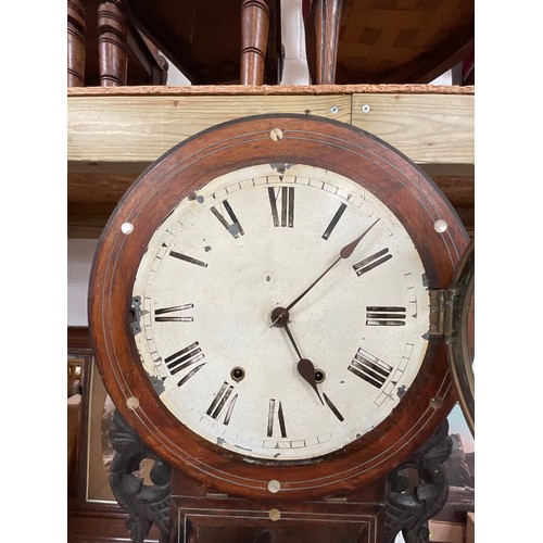 91 - VICTORIAN MAHOGANY INLAID DROP BOX WALL CLOCK WITH PENDULUM AND KEY H28”