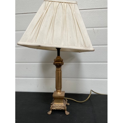 104 - ELECTRIC BRASS TABLE LAMP WITH SHADE AND PAIR OF CERAMIC WALL LIGHTS