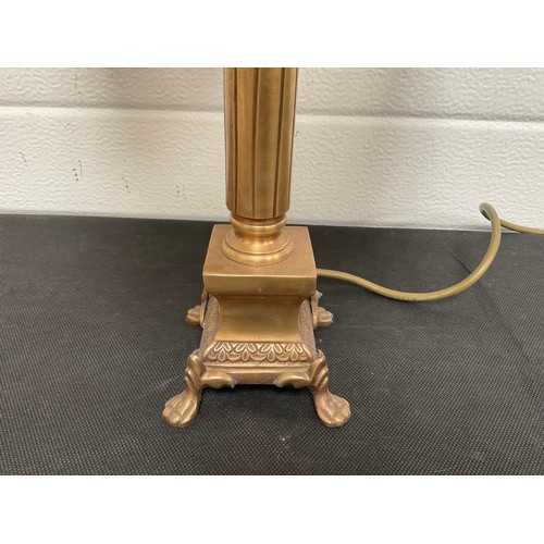 104 - ELECTRIC BRASS TABLE LAMP WITH SHADE AND PAIR OF CERAMIC WALL LIGHTS