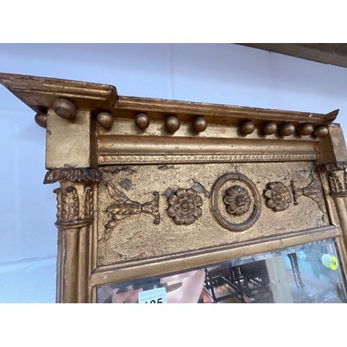 105 - EARLY VICTORIAN GILT FRAMED OVERMANTLE WALL MIRROR A/F 40” x 22”