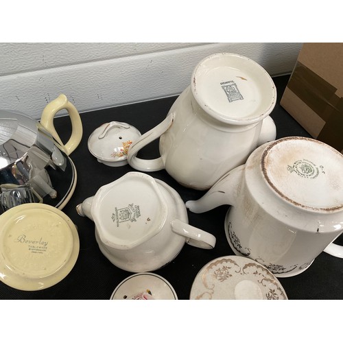 116 - BOX OF VINTAGE TEA SETS, TEAPOTS ETC