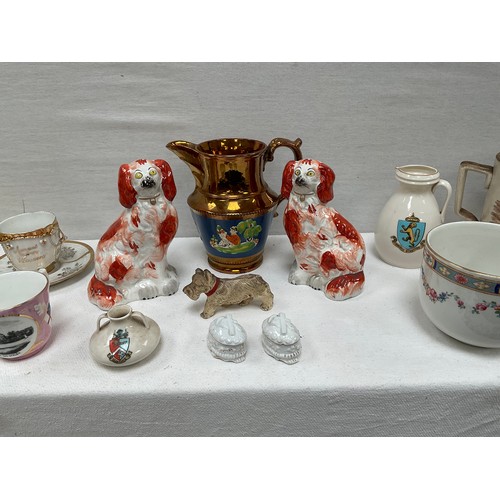 140 - 2 BOXES OF VICTORIAN AND LATER CHINA TO INCLUDE PAIR OF VICTORIAN STAFFS DOGS ETC