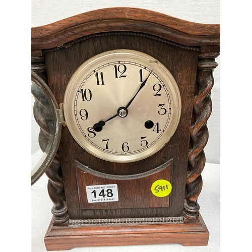 148 - VINTAGE DARK OAK MANTLE CLOCK WITH BARLEY TWIST DECORATION WITH KEY AND PENDULUM H11”W9”D6” AND VINT... 