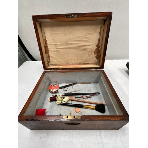 154 - VICTORIAN MAHOGANY JEWELLERY BOX WITH CONTENTS AND 2 SMALL CARVED TRINKET BOXES