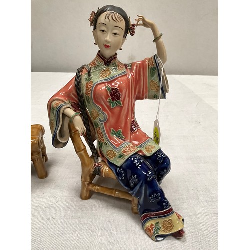 158 - PAIR OF CERAMIC CHINESE SEATED LADY FIGURES WITH IMPRESSED MARKS TO BASE H8”