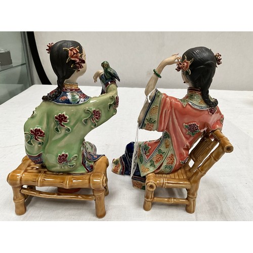 158 - PAIR OF CERAMIC CHINESE SEATED LADY FIGURES WITH IMPRESSED MARKS TO BASE H8”