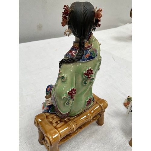 158 - PAIR OF CERAMIC CHINESE SEATED LADY FIGURES WITH IMPRESSED MARKS TO BASE H8”