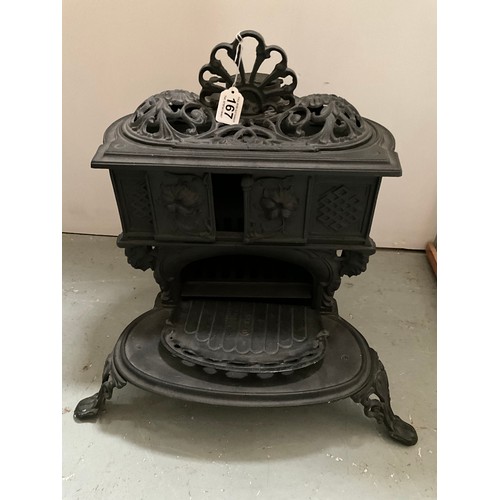 167 - ORNATE CAST IRON STOVE OF SMALL PROPORTIONS (POSSIBLY OFF A NARROW BOAT) H21” W22” D17”