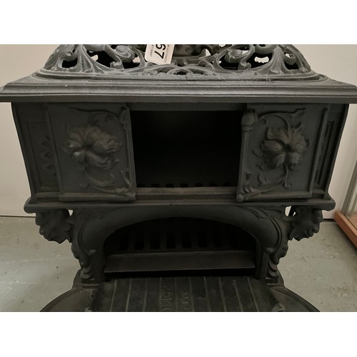 167 - ORNATE CAST IRON STOVE OF SMALL PROPORTIONS (POSSIBLY OFF A NARROW BOAT) H21” W22” D17”