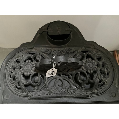 167 - ORNATE CAST IRON STOVE OF SMALL PROPORTIONS (POSSIBLY OFF A NARROW BOAT) H21” W22” D17”