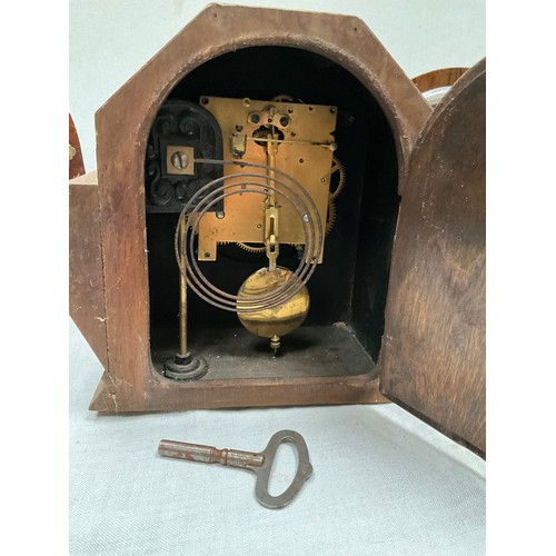 169 - ART DECO MANTLE CLOCK KEY AND PENDULUM, WALNUT VENEERED WEST MINISTER CHIMES MANTLE CLOCK PENDULUM N... 