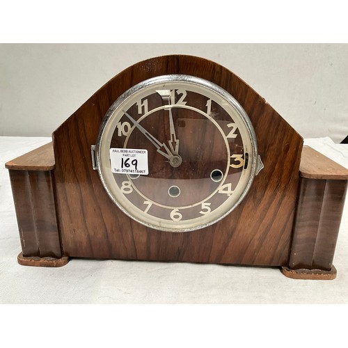 169 - ART DECO MANTLE CLOCK KEY AND PENDULUM, WALNUT VENEERED WEST MINISTER CHIMES MANTLE CLOCK PENDULUM N... 