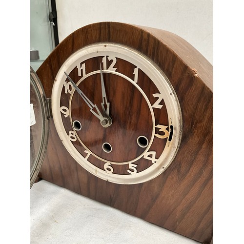 169 - ART DECO MANTLE CLOCK KEY AND PENDULUM, WALNUT VENEERED WEST MINISTER CHIMES MANTLE CLOCK PENDULUM N... 