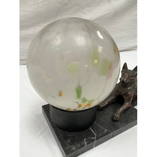 182 - ART DECO MARBLE BASED TABLE LAMP DECORATED WITH COLOURED GLASS GLOBE AND ALSATIAN DOG H8”W13” D5”