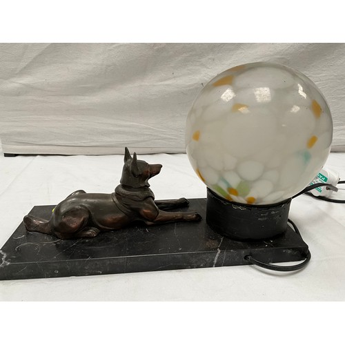 182 - ART DECO MARBLE BASED TABLE LAMP DECORATED WITH COLOURED GLASS GLOBE AND ALSATIAN DOG H8”W13” D5”