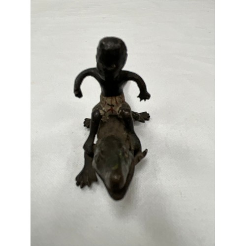 187 - COLD PAINTED BRONZE OF SMALL PROPORTIONS (BOY ON CROCODILE) W3”