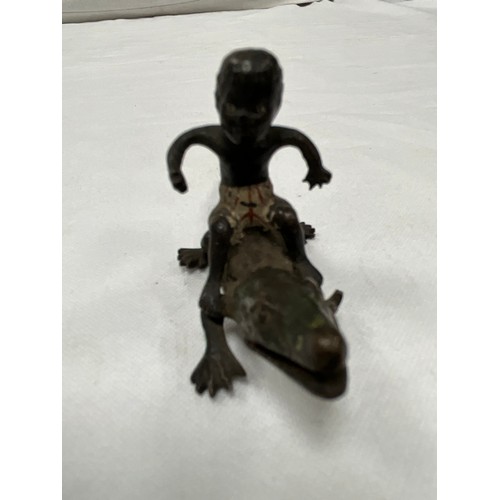 187 - COLD PAINTED BRONZE OF SMALL PROPORTIONS (BOY ON CROCODILE) W3”