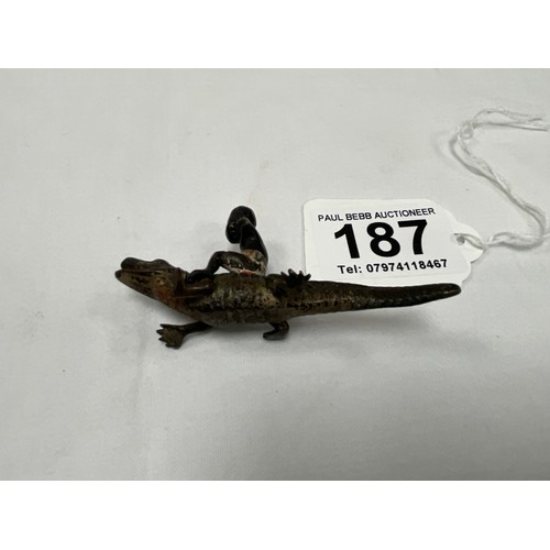 187 - COLD PAINTED BRONZE OF SMALL PROPORTIONS (BOY ON CROCODILE) W3”