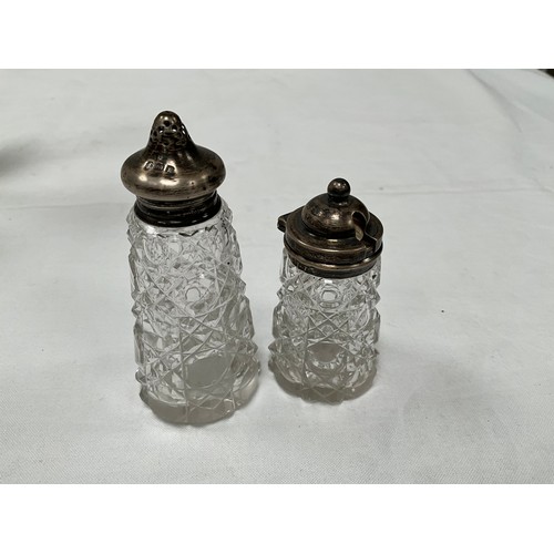 188 - PAIR OF HALLMARKED SILVER POSY VASES A/F H5” AND 2 SILVER TOPPED CREUTS