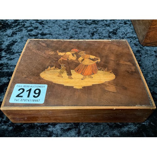 219 - COLLECTION OF WOODEN ITEMS TO INCLUDE VICTORIAN JEWELLERY BOX,FRIUT BOWL,SERRENTO INLAID CIGARETTE B... 