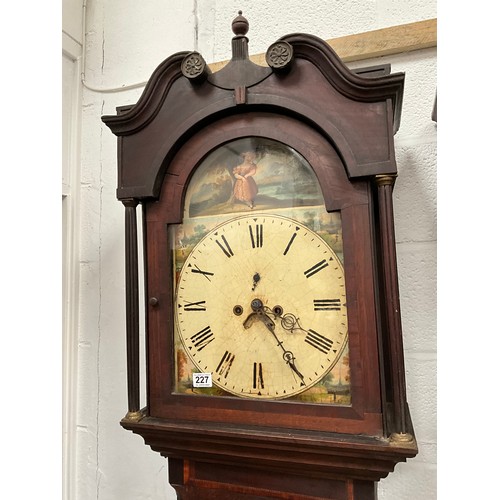 227 - VICTORIAN OAK WITH MAHOGANY CROSS BANDING 8 DAY GRANDFATHER CLOCK WITH PAINTED FACE A/F  H89