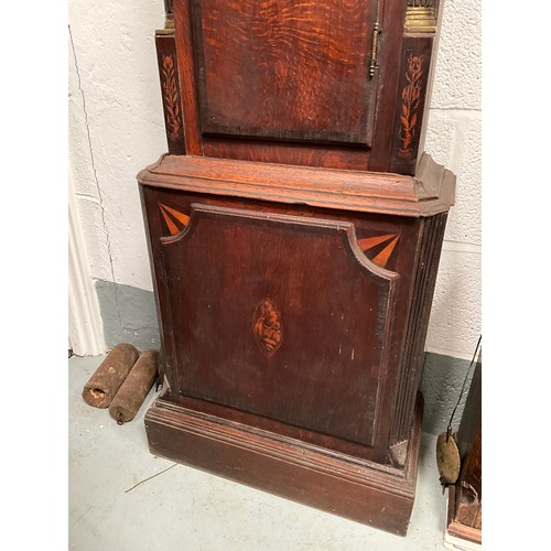 227 - VICTORIAN OAK WITH MAHOGANY CROSS BANDING 8 DAY GRANDFATHER CLOCK WITH PAINTED FACE A/F  H89