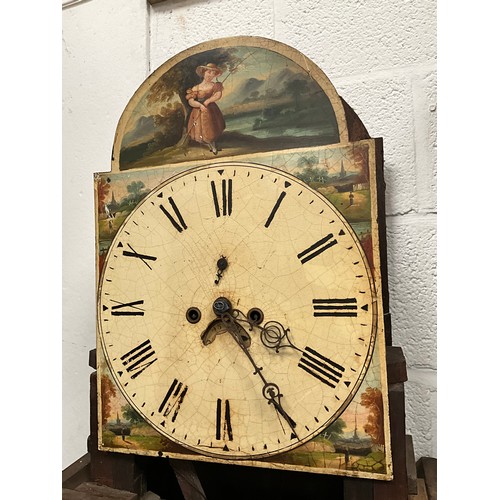 227 - VICTORIAN OAK WITH MAHOGANY CROSS BANDING 8 DAY GRANDFATHER CLOCK WITH PAINTED FACE A/F  H89