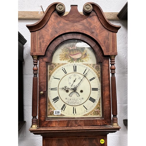 228 - VICTORIAN OAK WITH MAHOGANY CROSS BANDING 8 DAY GRANDFATHER CLOCK PAINTED FACE 
W M JONES LLANFYLLIN... 