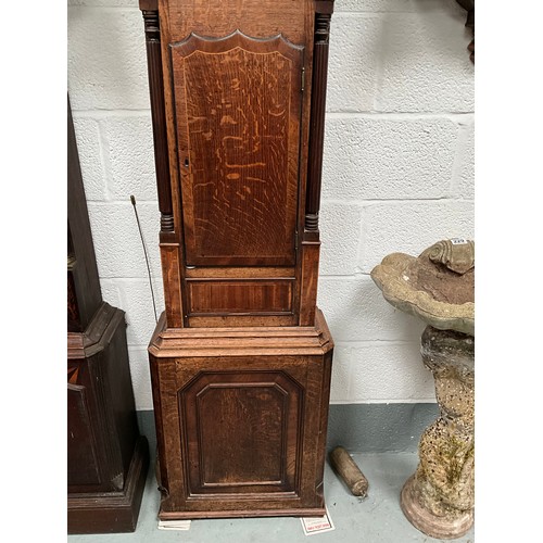 228 - VICTORIAN OAK WITH MAHOGANY CROSS BANDING 8 DAY GRANDFATHER CLOCK PAINTED FACE 
W M JONES LLANFYLLIN... 