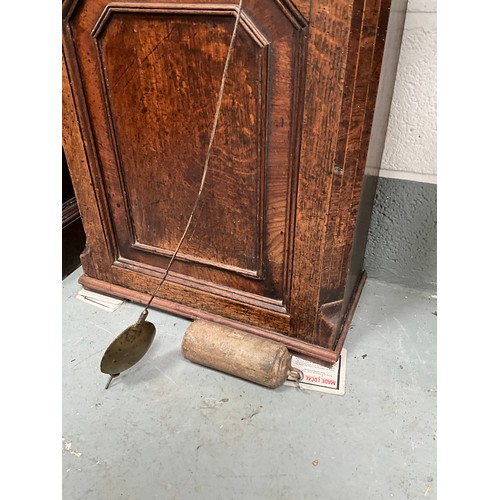 228 - VICTORIAN OAK WITH MAHOGANY CROSS BANDING 8 DAY GRANDFATHER CLOCK PAINTED FACE 
W M JONES LLANFYLLIN... 