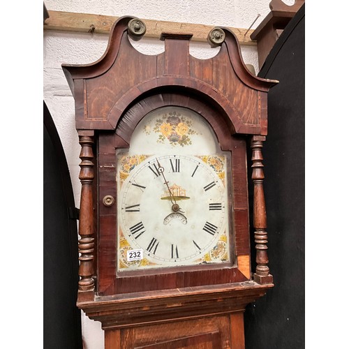 232 - VICTORIAN OAK WITH MAHOGANY CROSS BANDING 
30HR GRANDFATHER CLOCK A/F H84” W22” D9”