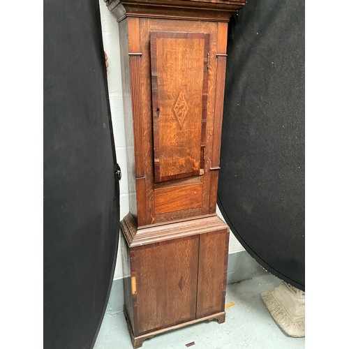 232 - VICTORIAN OAK WITH MAHOGANY CROSS BANDING 
30HR GRANDFATHER CLOCK A/F H84” W22” D9”