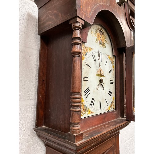 232 - VICTORIAN OAK WITH MAHOGANY CROSS BANDING 
30HR GRANDFATHER CLOCK A/F H84” W22” D9”