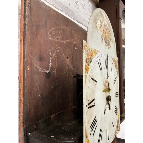 232 - VICTORIAN OAK WITH MAHOGANY CROSS BANDING 
30HR GRANDFATHER CLOCK A/F H84” W22” D9”