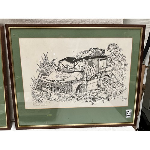 258 - 5 FRAMED LIMITED EDITION NOVELTY AUTOMOBILE PRINTS BY 
P WILFORD (LARGEST 23” x 17”)