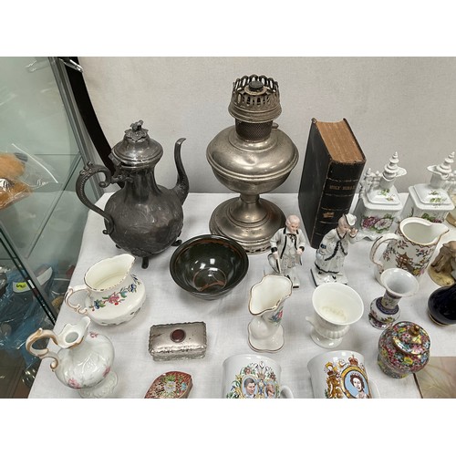 265 - BOX OF VICTORIAN AND LATER CHINA TO INCLUDE OIL LAMP,COFFEE POT,ANYSLEY,ETC