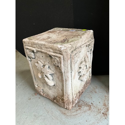 283 - CONCRETE GARDEN PLINTH DECORATED WITH GRAPES AND FOILAGE  H17” AND 12” SQUARE