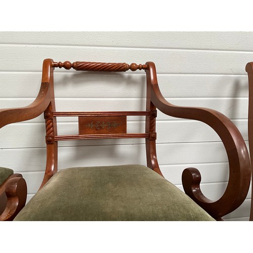 284 - 6 MAHOGANY REPRODUCTION REGENCY STYLE DINING CHAIRS WITH UPHOLSTERED SEATS TO INCLUDE 2 CARVERS AND ... 