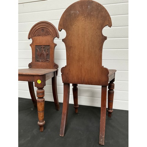 288 - PAIR OF EDWARDIAN MAHOGANY CARVED SHIELD BACK HALL CHAIRS.