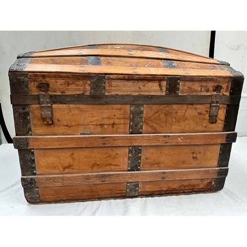 296 - VICTORIAN OAK AND IRON BANDED DOME TOP TRAVEL CHEST H24” W33” D19”