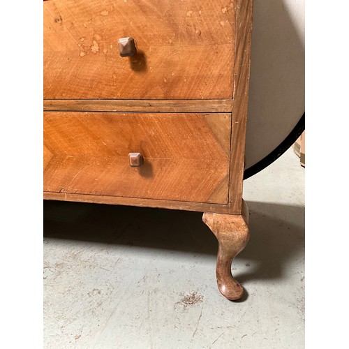 301 - VINTAGE WALNUT VENEERED 3 DRAWER BEDROOM CHEST ON CABRIOLE FEET  H34” W36” D20”