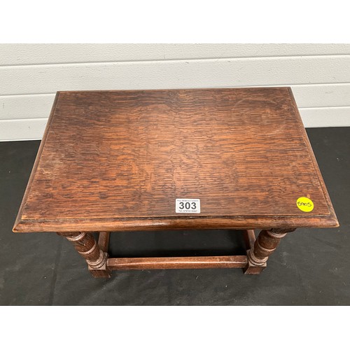 303 - REPRODUCTION OAK LAMP TABLE WITH CARVED FRIEZE 
H15” W20” D13”