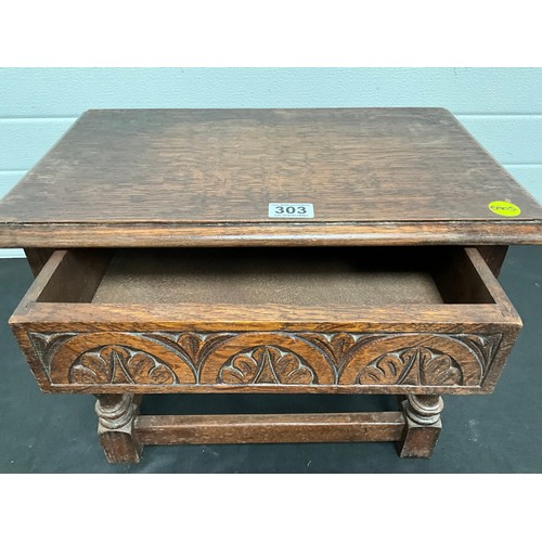 303 - REPRODUCTION OAK LAMP TABLE WITH CARVED FRIEZE 
H15” W20” D13”