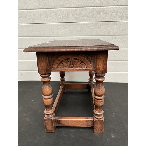 303 - REPRODUCTION OAK LAMP TABLE WITH CARVED FRIEZE 
H15” W20” D13”