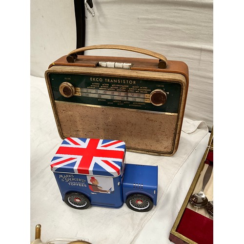 302 - BOX OF ODDS TO INCLUDE WORLD GLOBE,TELEPHONE,CUTLERY,BELLOWS ,VINTAGE RADIO ETC