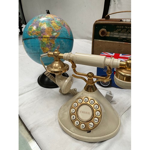 302 - BOX OF ODDS TO INCLUDE WORLD GLOBE,TELEPHONE,CUTLERY,BELLOWS ,VINTAGE RADIO ETC