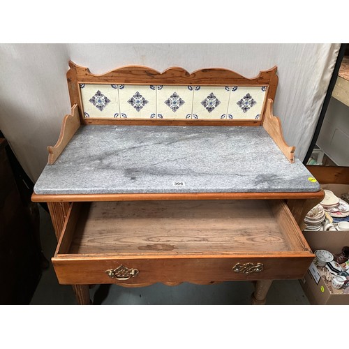 306 - VICTORIAN STRIPPED PINE WASHSTAND WITH MARBLE TOP AND TILED BACK  H41” W38” D20”