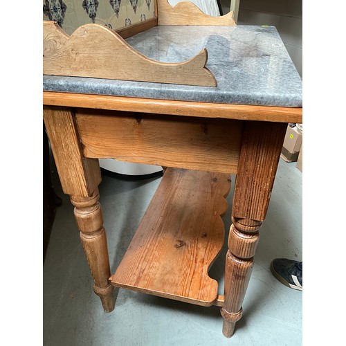 306 - VICTORIAN STRIPPED PINE WASHSTAND WITH MARBLE TOP AND TILED BACK  H41” W38” D20”