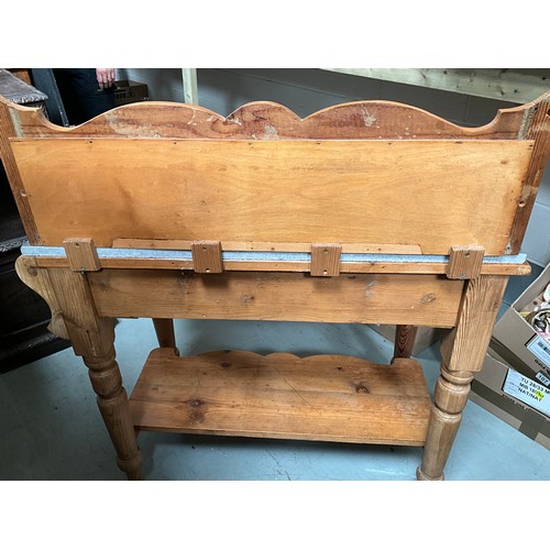 306 - VICTORIAN STRIPPED PINE WASHSTAND WITH MARBLE TOP AND TILED BACK  H41” W38” D20”